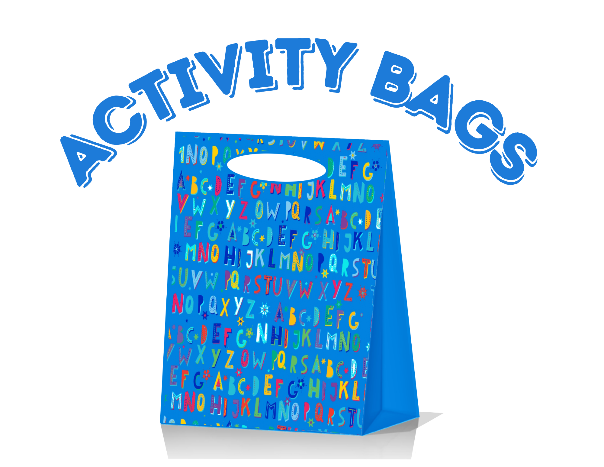 Activity Bags label over a blue patterned bag 