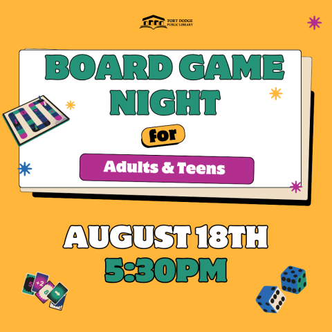 Board Game Night for Adults & Teens. August 18th at 5:30 PM