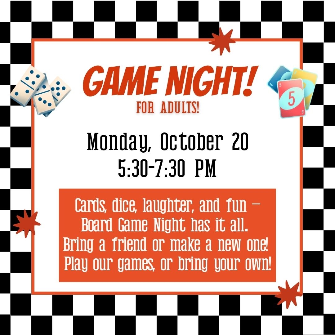 Board Game Night for Adults October 20 5:30-7:30 PM