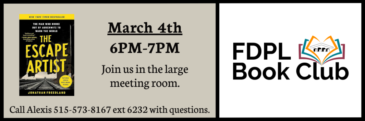 FDPL Book Club March 4, 2024 at 6 PM - The Escape Artist