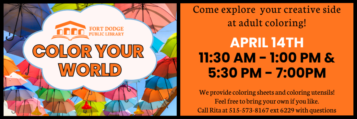 Slide listing date and times for adult coloring program