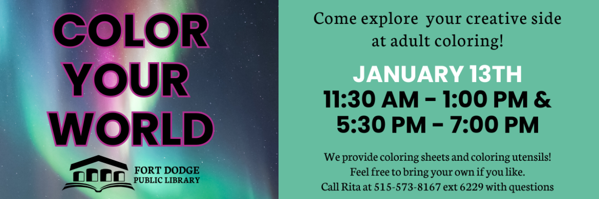 Slide listing date and times for adult coloring program