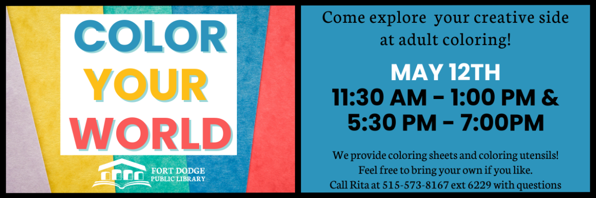 Slide listing date and times for adult coloring program